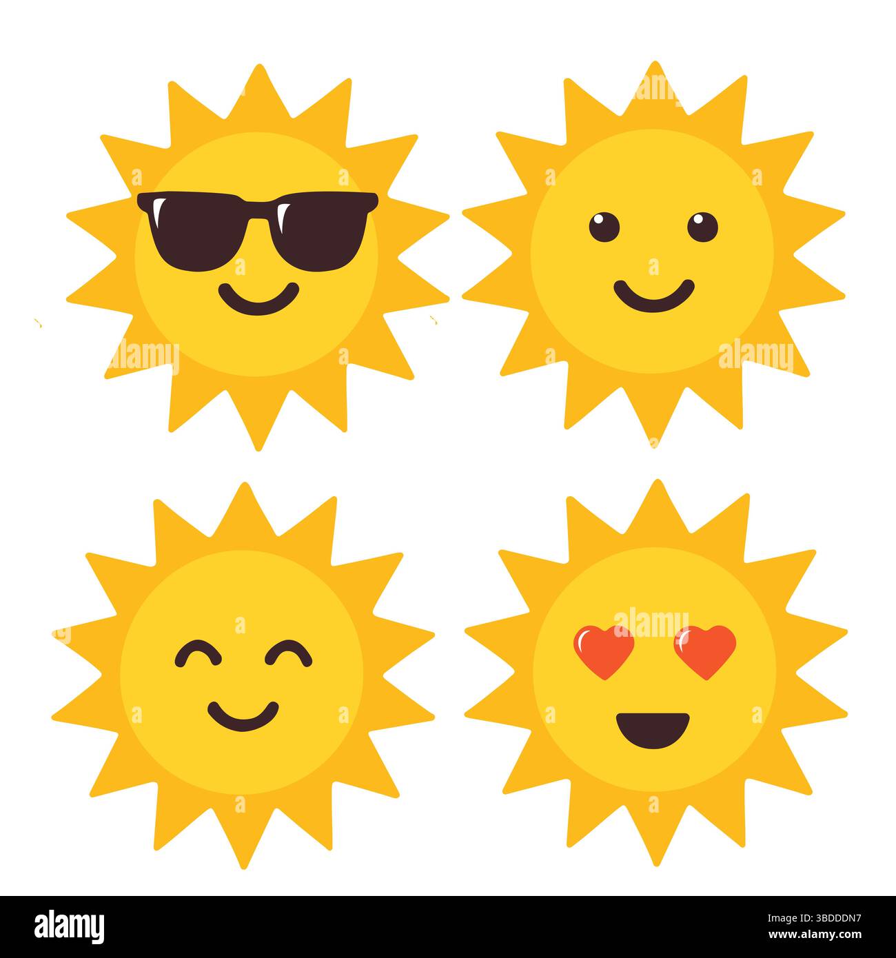 Icônes de soleil définies dans le style vectoriel plat, différentes expressions, isolées sur blanc Illustration de Vecteur