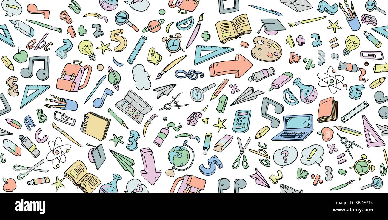 Ensemble de dessin animé doodle de fond vectoriel d'objets et de symboles scolaires. illustration vectorielle Illustration de Vecteur
