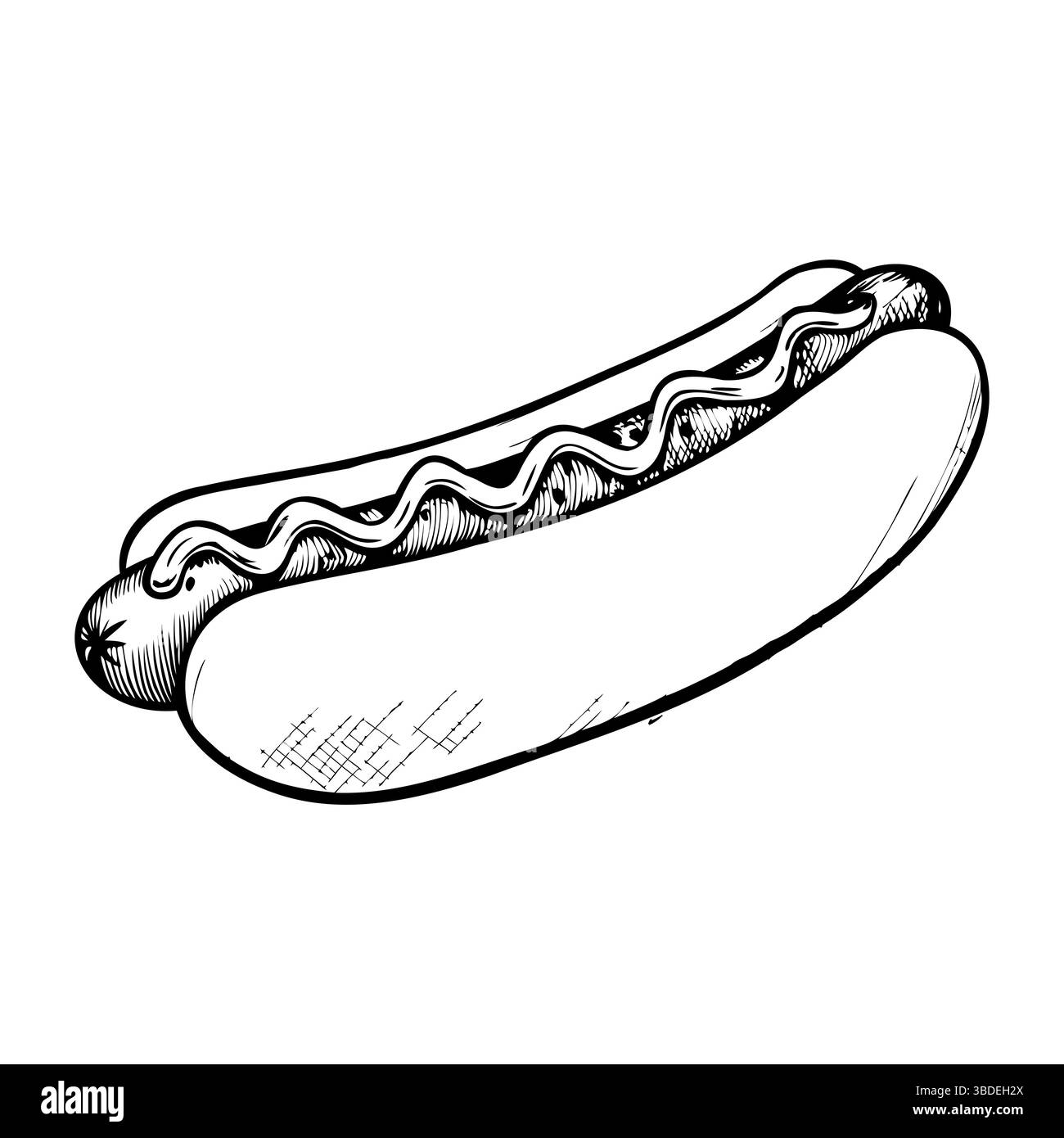 Une illustration dessinée à la main d'un hot dog avec de la moutarde et du ketchup. Le petit pain est moelleux et légèrement grillé, tandis que la saucisse est moelleuse et juteuse. Idéal pour Illustration de Vecteur