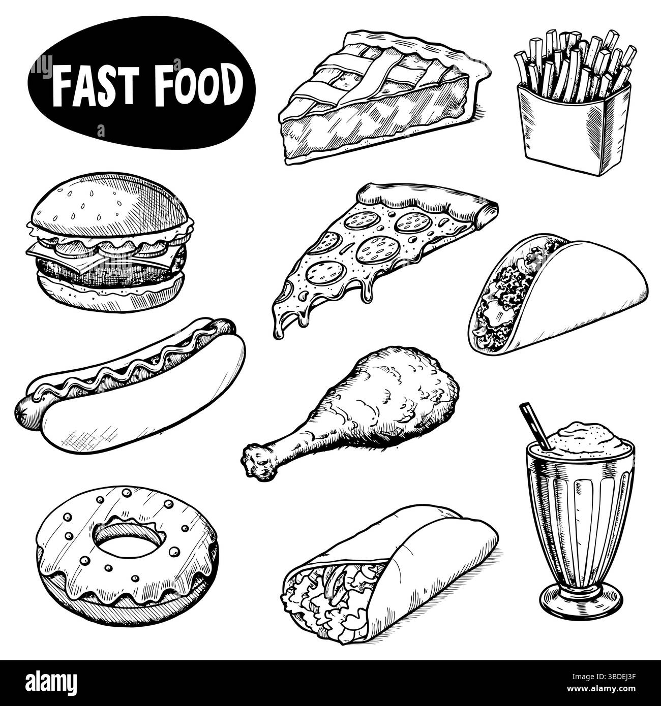 Une collection d'articles de restauration rapide comprenant un hamburger, une tranche de pizza, un hot dog, un taco, du poulet frit, beignet, milkshake et frites. Tous les éléments le sont Illustration de Vecteur