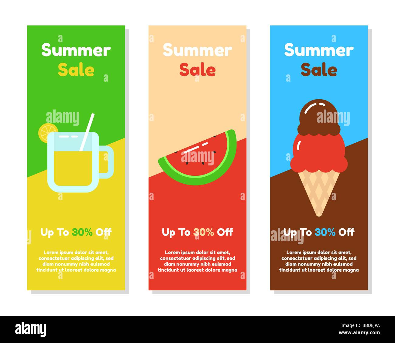 Ensemble de collection de bannières verticales de vente d'été avec limonade, pastèque et crème glacée Illustration de Vecteur