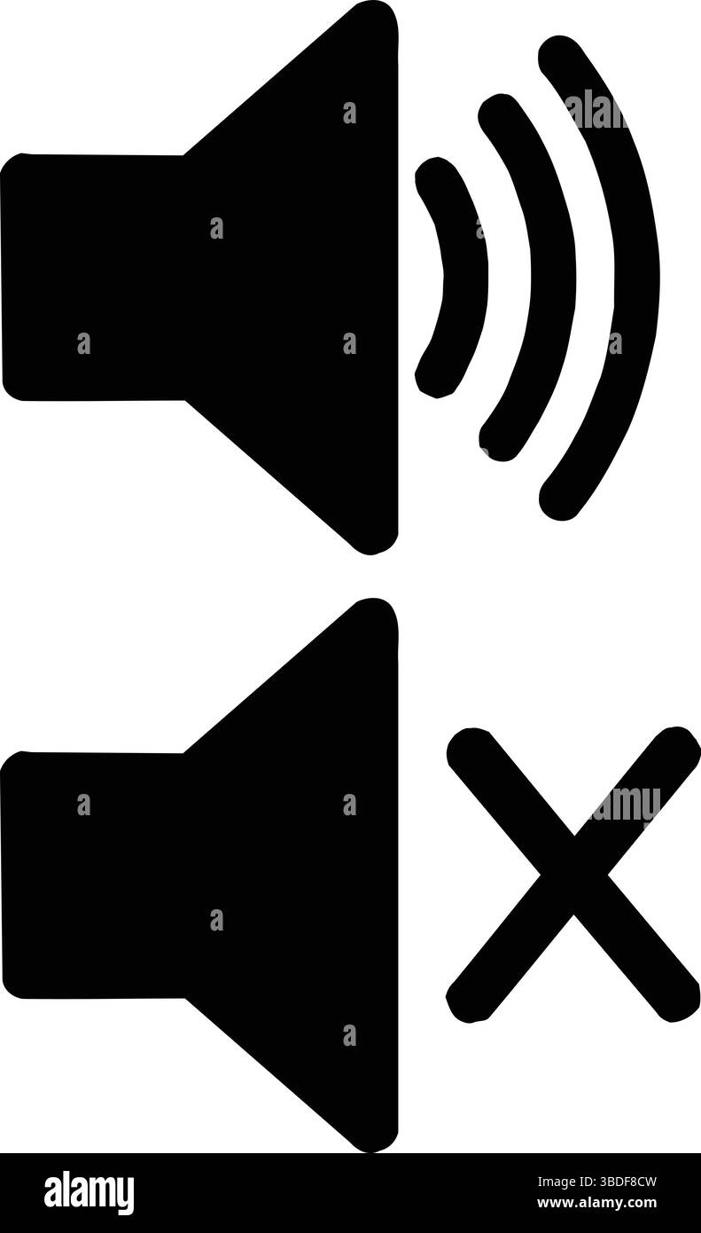 Silhouette de deux icônes de haut-parleur : l'une avec des ondes sonores indiquant que le son est activé et l'autre avec un « X » indiquant un son coupé Illustration de Vecteur