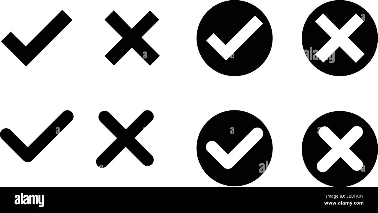 Icônes graphiques minimalistes de confirmation et de rejet pour la conception, éléments vectoriels UI/UX : icônes d'approbation et de refus de ligne mince, coches noir et blanc. Illustration de Vecteur