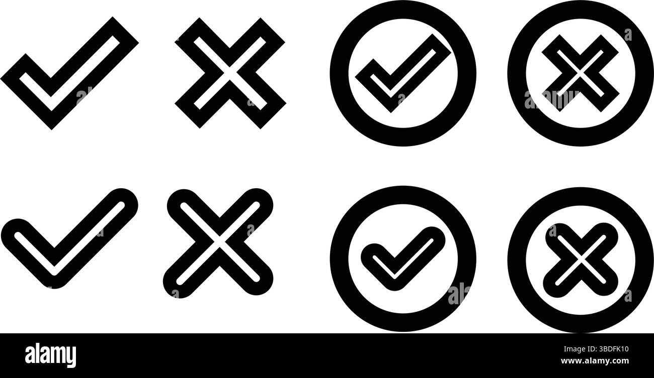 Jeu d'icônes de coche de contour et de marque X - symboles corrects et incorrects, éléments vectoriels UI/UX : icônes d'approbation et de refus de ligne mince. Illustration de Vecteur
