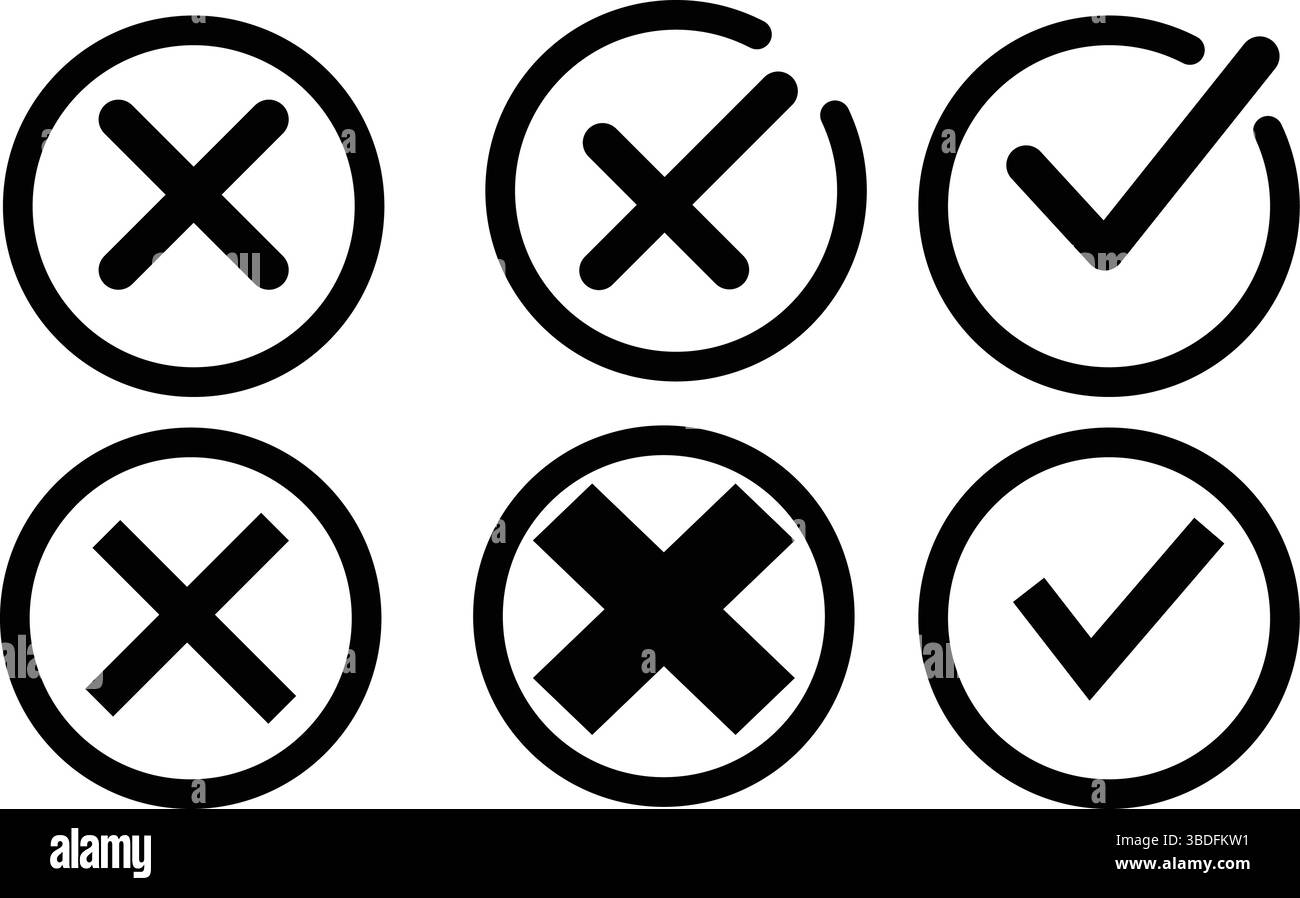 Icônes coche et X : symboles corrects et incorrects, éléments vectoriels UI/UX : boutons d'approbation et de refus, coche et croix en noir et blanc. Illustration de Vecteur