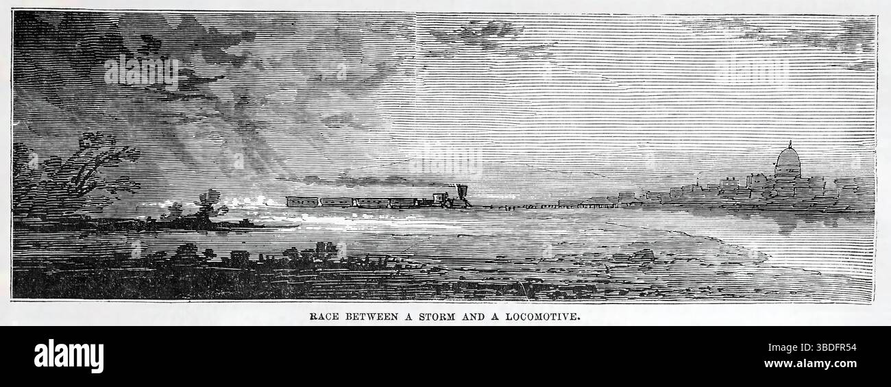 Course entre une tempête et une locomotive (1878). Illustration du XIXe siècle tirée du Popular Monthly de Frank Leslie Banque D'Images