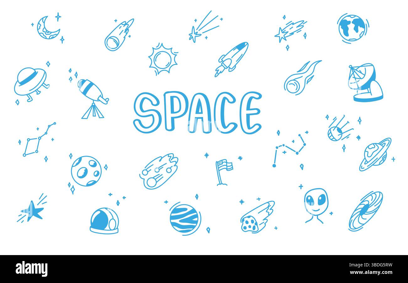 Fond d'espace dessiné à la main. Inclut les planètes Doodle, la lune, le soleil, les étoiles et le vaisseau spatial. Style crayon et crayon. Idéal pour les conceptions d'enfants, wallpape Illustration de Vecteur