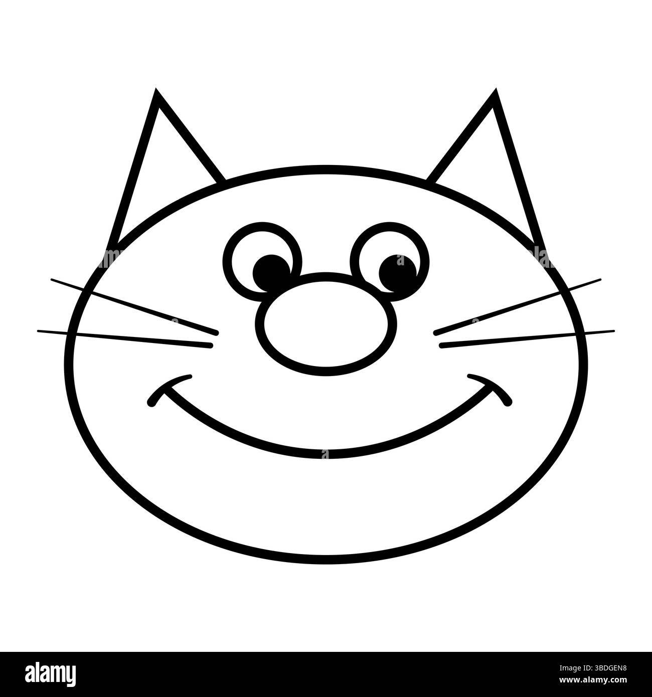 Contour de visage de chat souriant. Il s'agit d'un simple dessin noir et blanc d'un visage de chat. L'illustration présente un visage rond avec de grands yeux. Illustration de Vecteur