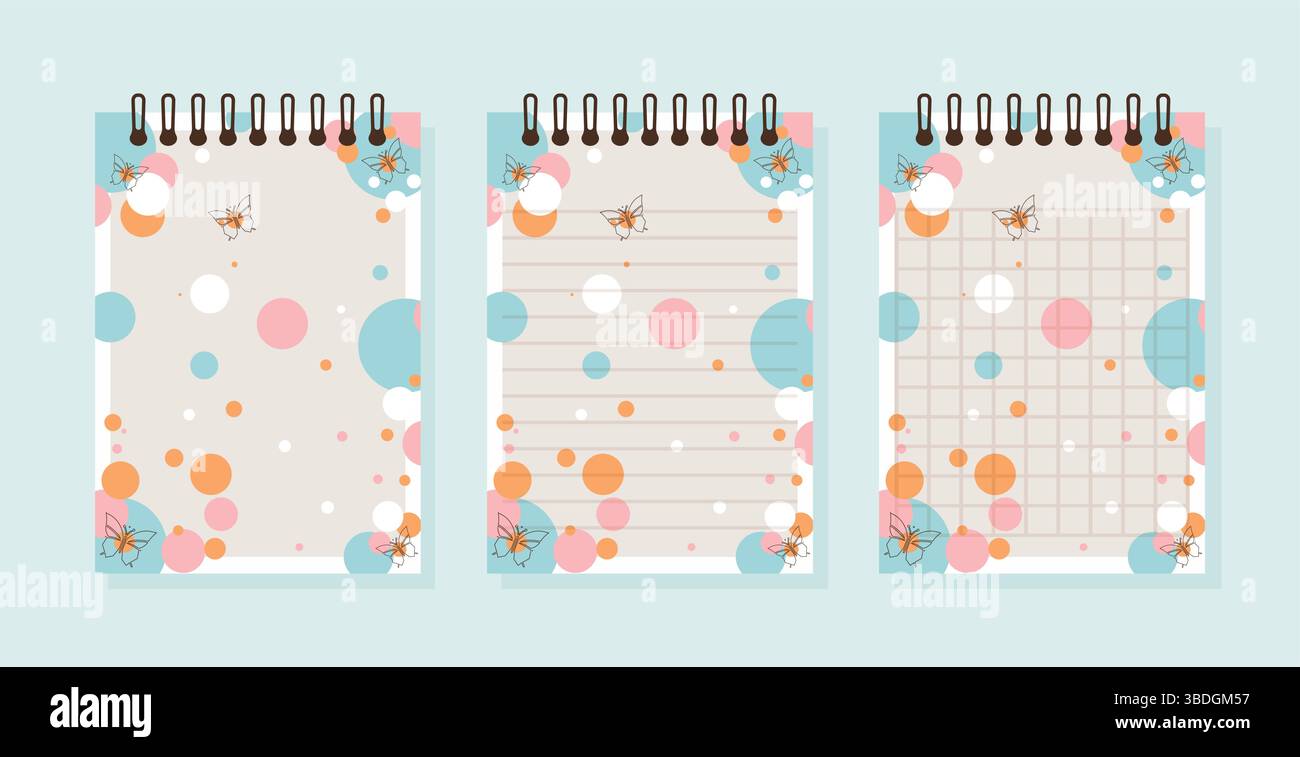 ensemble de papier carnet avec des feuilles lignées et vierges de grille décorées avec des ballons et des papillons illustration vectorielle plate. Illustration de Vecteur