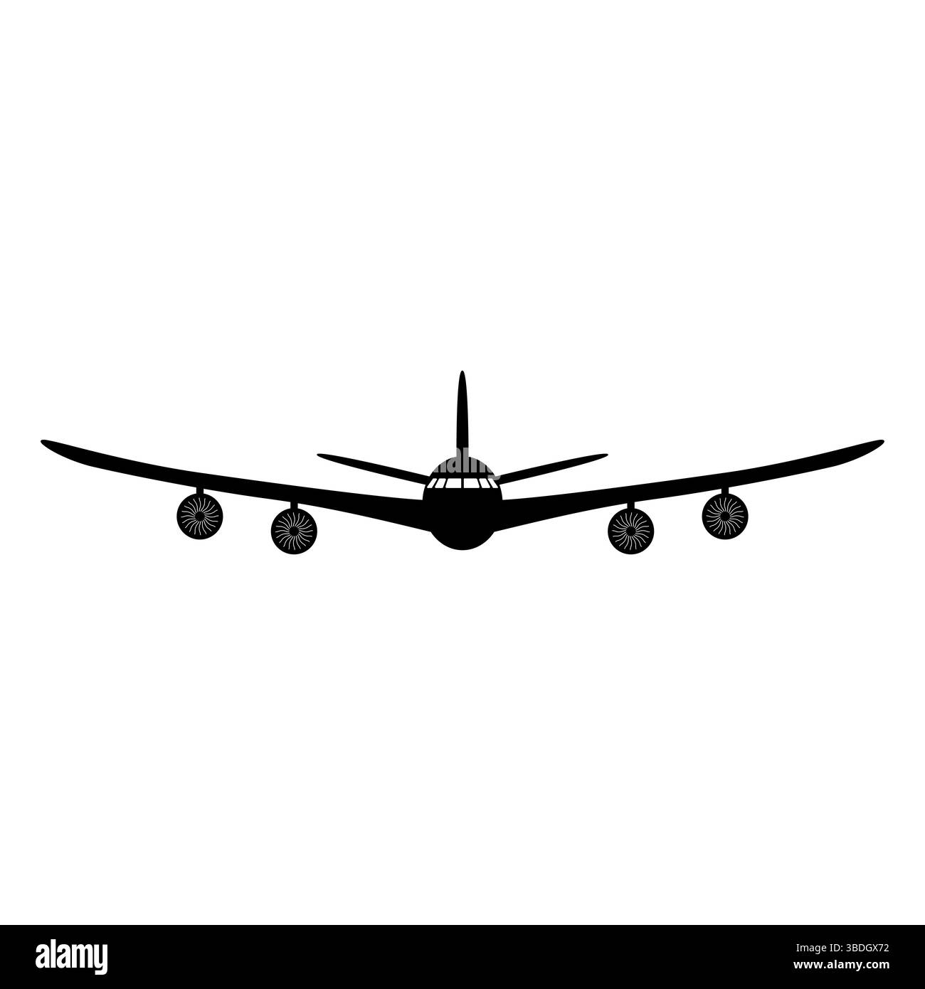 Silhouette d'un avion en vol. Il s'agit d'une illustration vectorielle de silhouette noire d'un avion vu de face. L'avion a quatre moteurs. Illustration de Vecteur