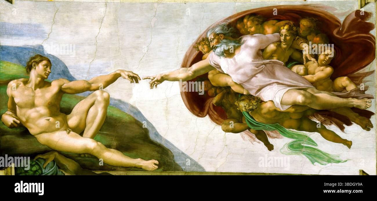 La création d'Adam. Michel-Ange. circa 1511. Fresque sur le plafond de la chapelle Sixtine, Cité du Vatican. Banque D'Images
