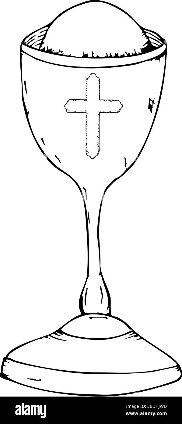 Illusion de communion Sainte avec calice et symbole d'hôte pour la conception de cérémonie religieuse. Contours noirs, fond blanc. Thème religieux d'abord Illustration de Vecteur