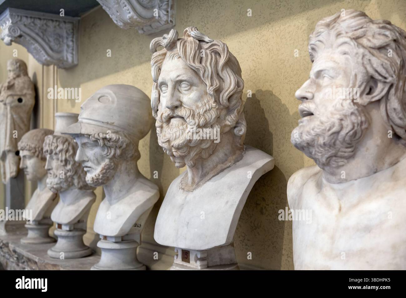 Anciens bustes en marbre de philosophes et de dieux grecs et romains exposés dans un musée, mettant en valeur la sculpture classique et la maîtrise artistique intemporelle. Banque D'Images