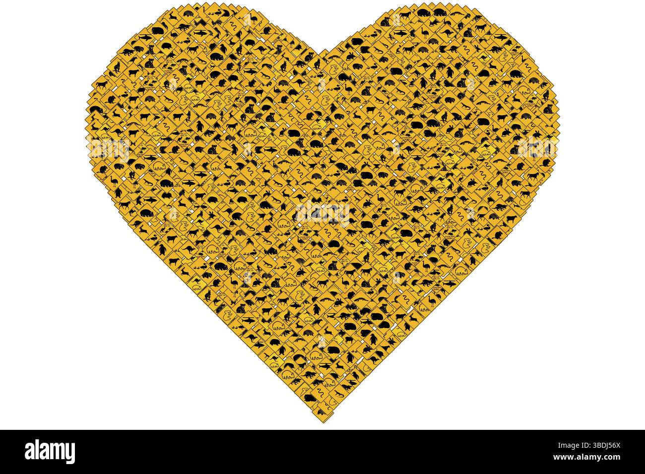 Panneaux de signalisation australiens en forme de cœur. Animaux sauvages : Emu, Echidna, Diable de Tasmanie, Wombat, kangourou, pingouin, requin, canards Snake Rat Deer Lizard Ho Banque D'Images