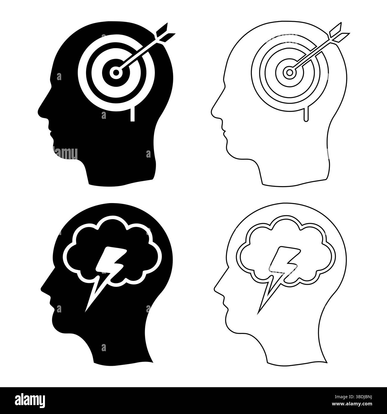 Les icônes de la tête humaine ciblent le cerveau éclair de flèche Illustration de Vecteur