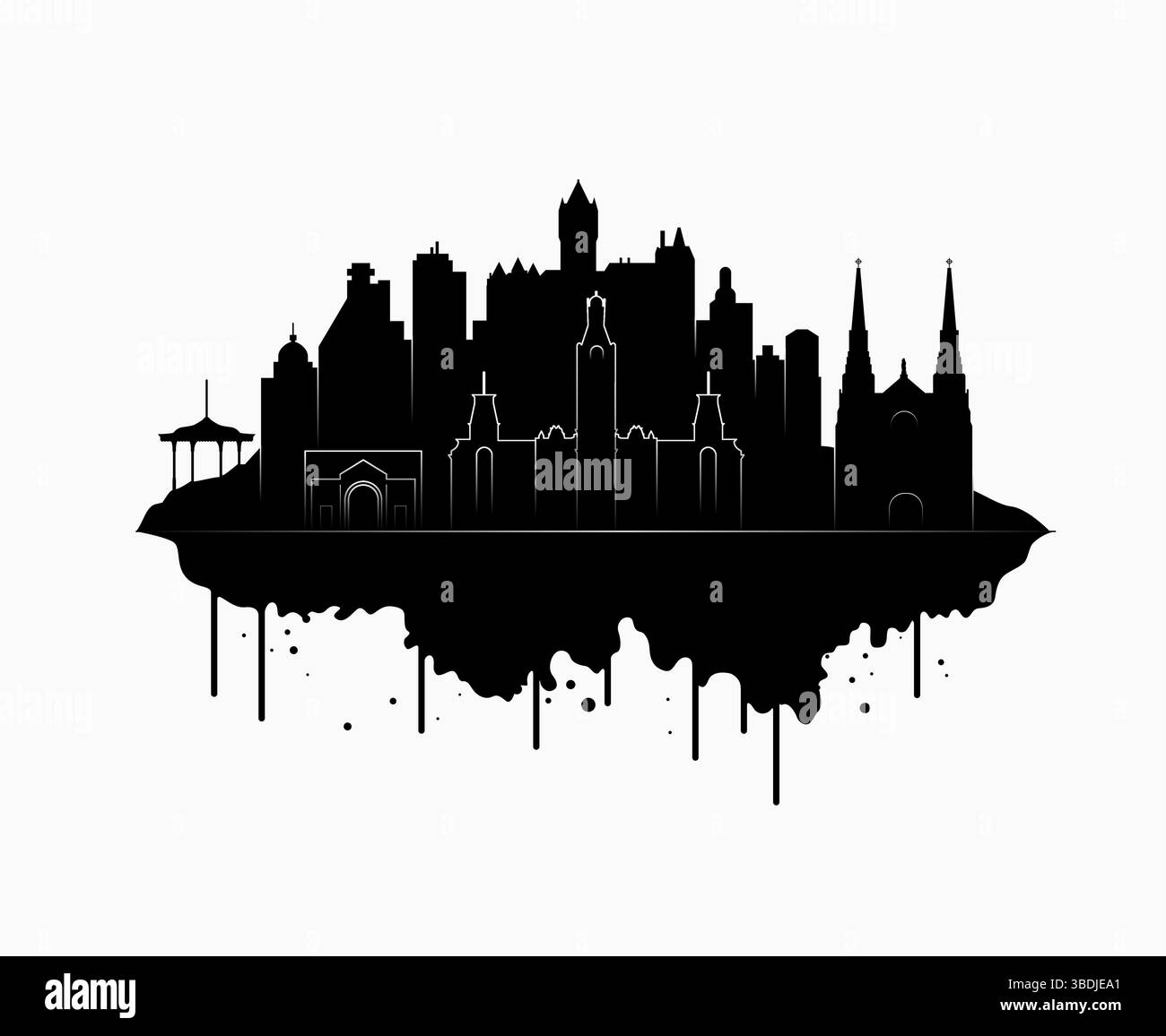 Silhouette stylisée représentant un paysage urbain accompagné de caractéristiques architecturales uniques Illustration de Vecteur