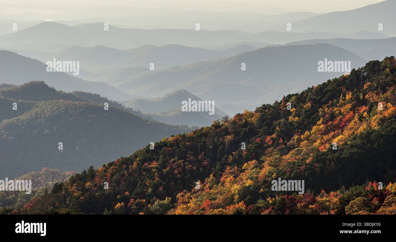 Des crêtes de couleur d'automne et des collines ondulantes dans les montagnes Appalaches de l'ouest de la Caroline du Nord sur la Blue Ridge Parkway Banque D'Images