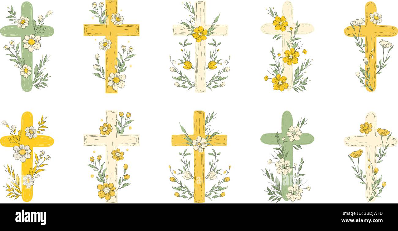 Pâques Cross Sketch Set Rustic Collection Jesus Christ Crosses religion Vector Catholic Floral Vintage Pastel Blooming Flowers Illustration de Vecteur