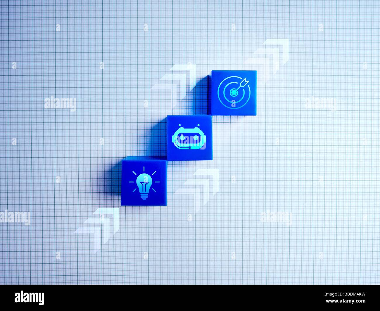 Stratégie commerciale, plan d'action avec concept technologique d'outils d'assistant intelligent.icône cible, robot ai et symbole d'ampoule sur le graphique de croissance des blocs bleus Banque D'Images