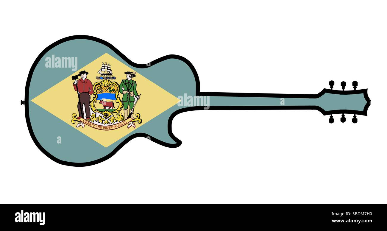 Silhouettes traditionnelles de forme de guitare isolées sur un fond blanc avec le drapeau de l'État du Delaware Banque D'Images