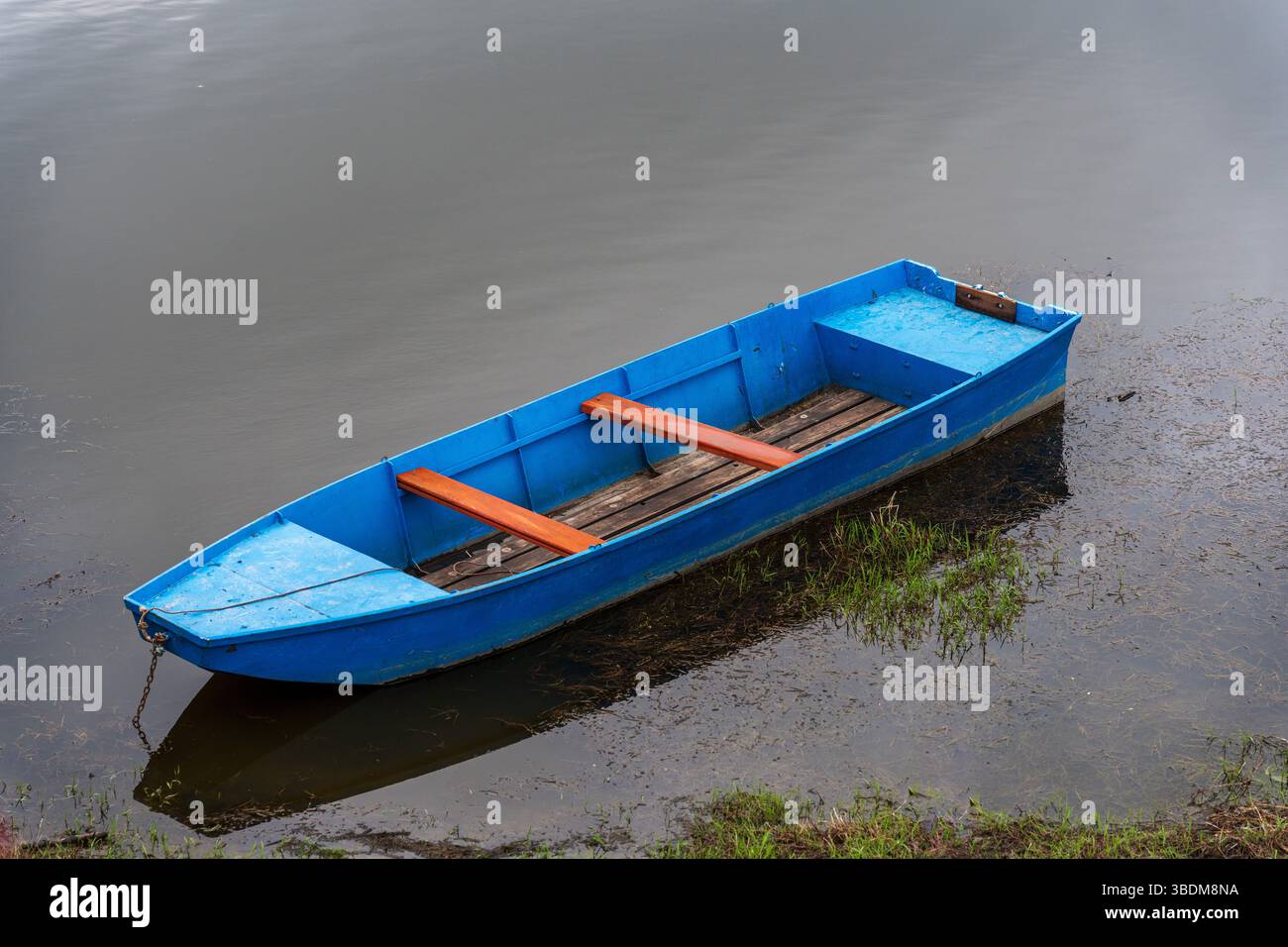 Bateau de pêche bleu près de la rive de la rivière – bateau vide Banque D'Images