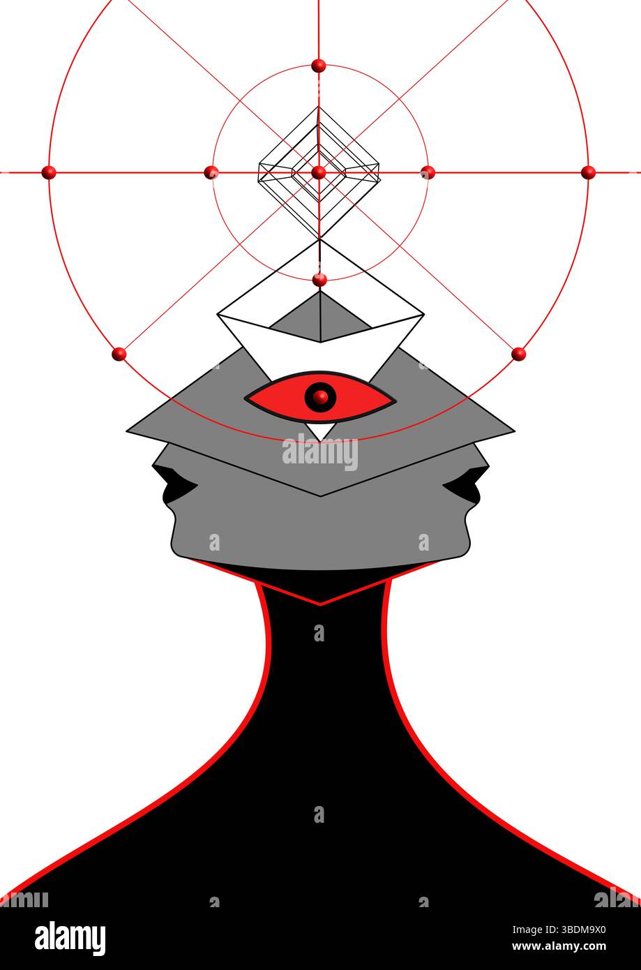 Illustration numérique d’un visage surréaliste, composé de deux profils en miroir et d’un œil central, immergé dans un mental multidimensionnel. Banque D'Images