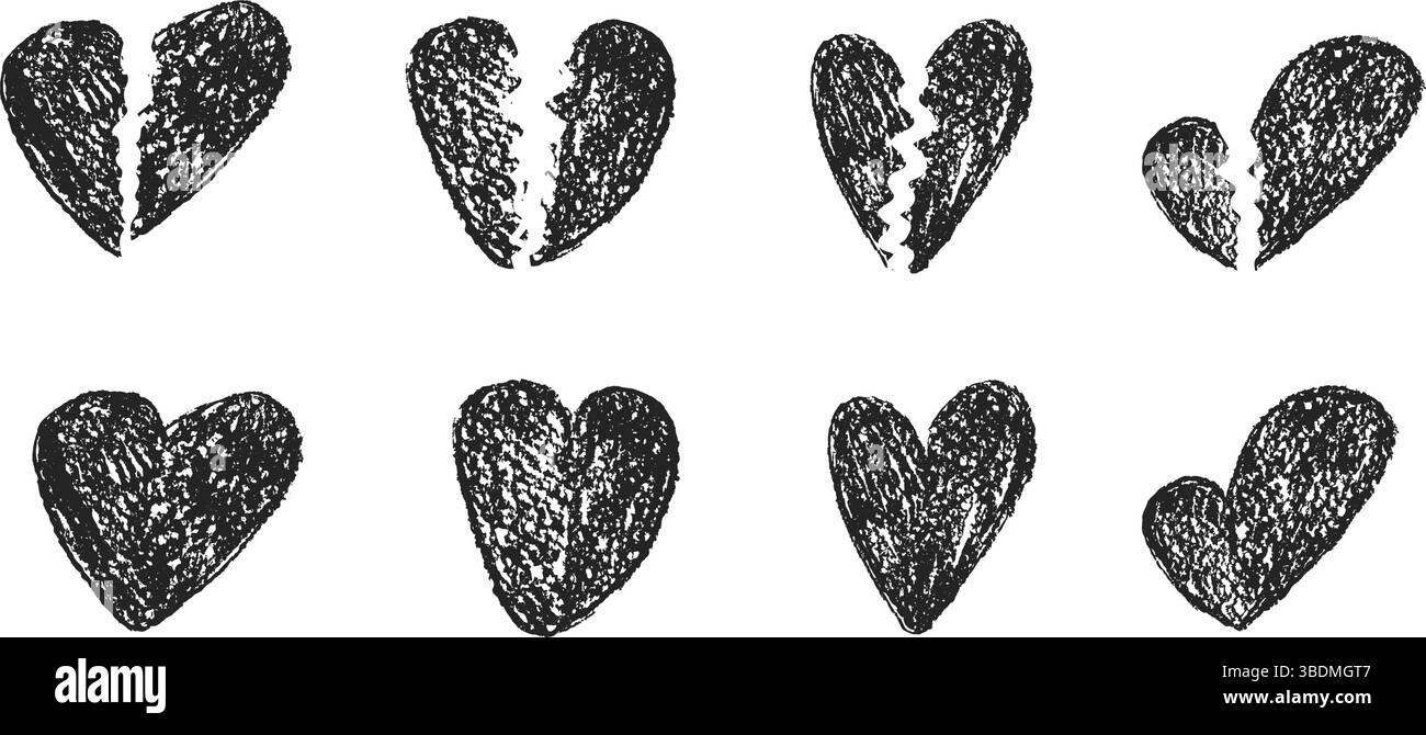 Jeu de crayons dessinés à coeurs brisés. Marqueur de rupture doodles isolé sur fond blanc. Aimer les éléments de peinture dessinés à la main naïfs. Symboles romantiques vectoriels Illustration de Vecteur
