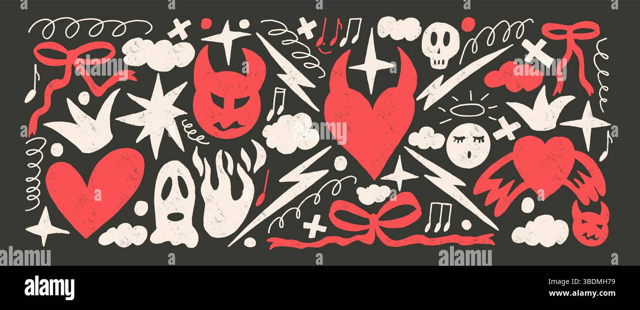Ensemble punk Breaking Heart dessiné à la main. Diable et anges crayon fond texturé. Eléments grunge de gribouillage. Flamme, arcs, nuages et formes d'esquisse. Vect Illustration de Vecteur
