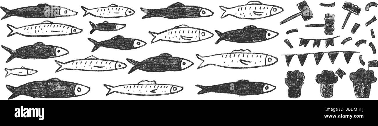 Jeu de doodle de poissons. Formes de marqueurs dessinées à la main de sardines. Festival Santos populares. Manjerico, marteau et poissons vecteur dessiné à la main Portugal traditiona Illustration de Vecteur