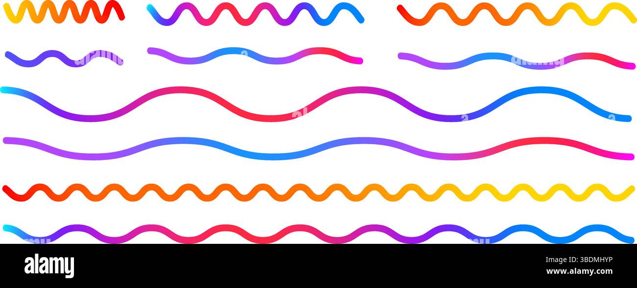 Ensemble de lignes ondulées dégradées colorées. Collection de formes abstraites en zigzag festonnée. Griffonnages décoratifs. Contours de gradations vectorielles. Créatif long Pat Illustration de Vecteur