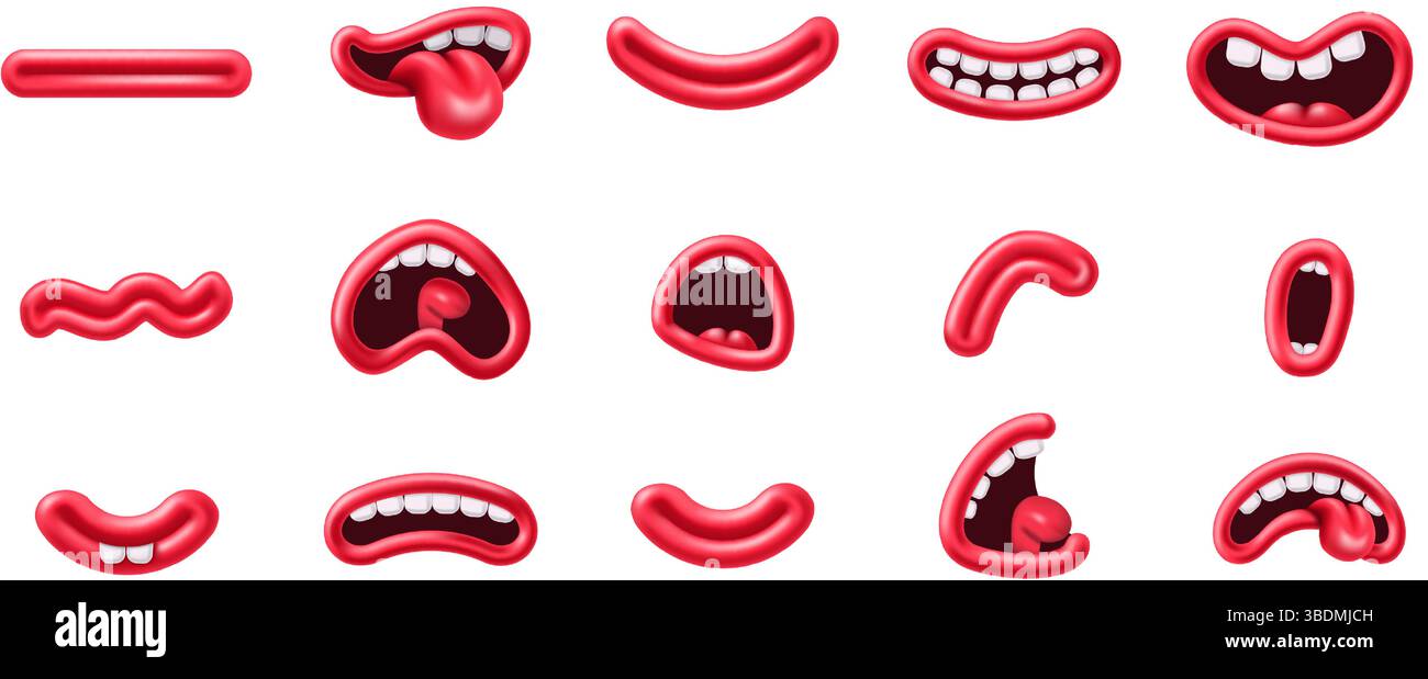 Expressions buccales de dessins animés. Bouches de personnages en 3D, lèvres drôles comiques et sourire en plastique. Parler, crier et rire formes de bouche avec des dents et Illustration de Vecteur