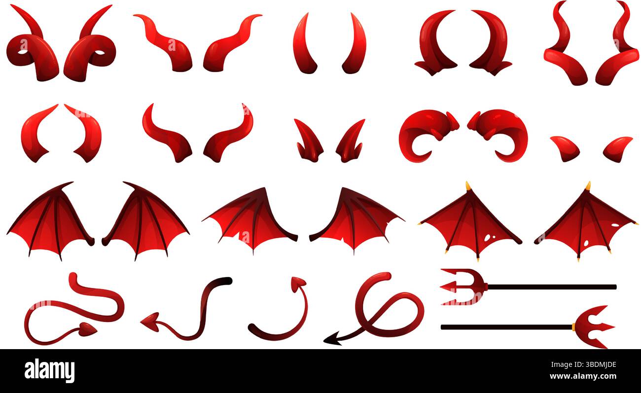 Éléments de costume de monstre de diable d'Halloween. Cornes de démon rouges, ailes de chauve-souris effrayantes et queues imp, trident de Satan ou Lucifer pitchfork. Fantasme maléfique Illustration de Vecteur