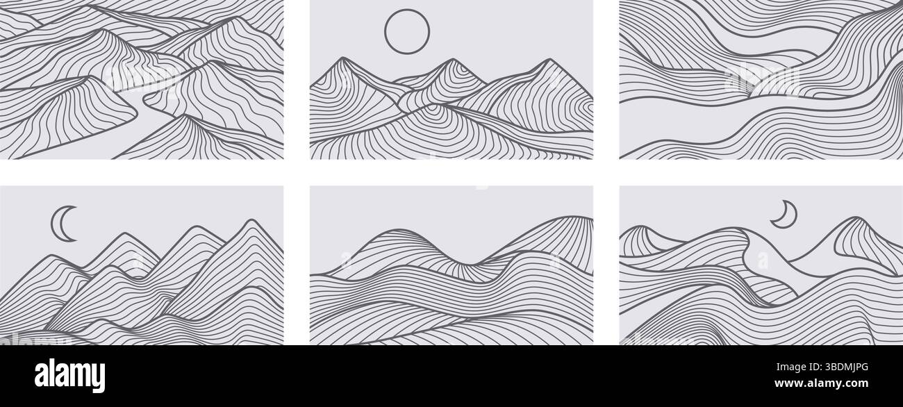Paysage de montagne de ligne. Montagnes linéaires pics et collines, contour ondulé motif et rivière, soleil et lune. Papier peint japonais abstrait Contour Illustration de Vecteur
