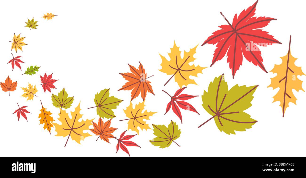 Feuilles tombantes d'automne. Tourbillon volant de feuillage d'oranger. Fond de Thanksgiving avec des feuilles d'érable et de chêne jaune, rouge et vert. Saison des soldes d'automne Illustration de Vecteur