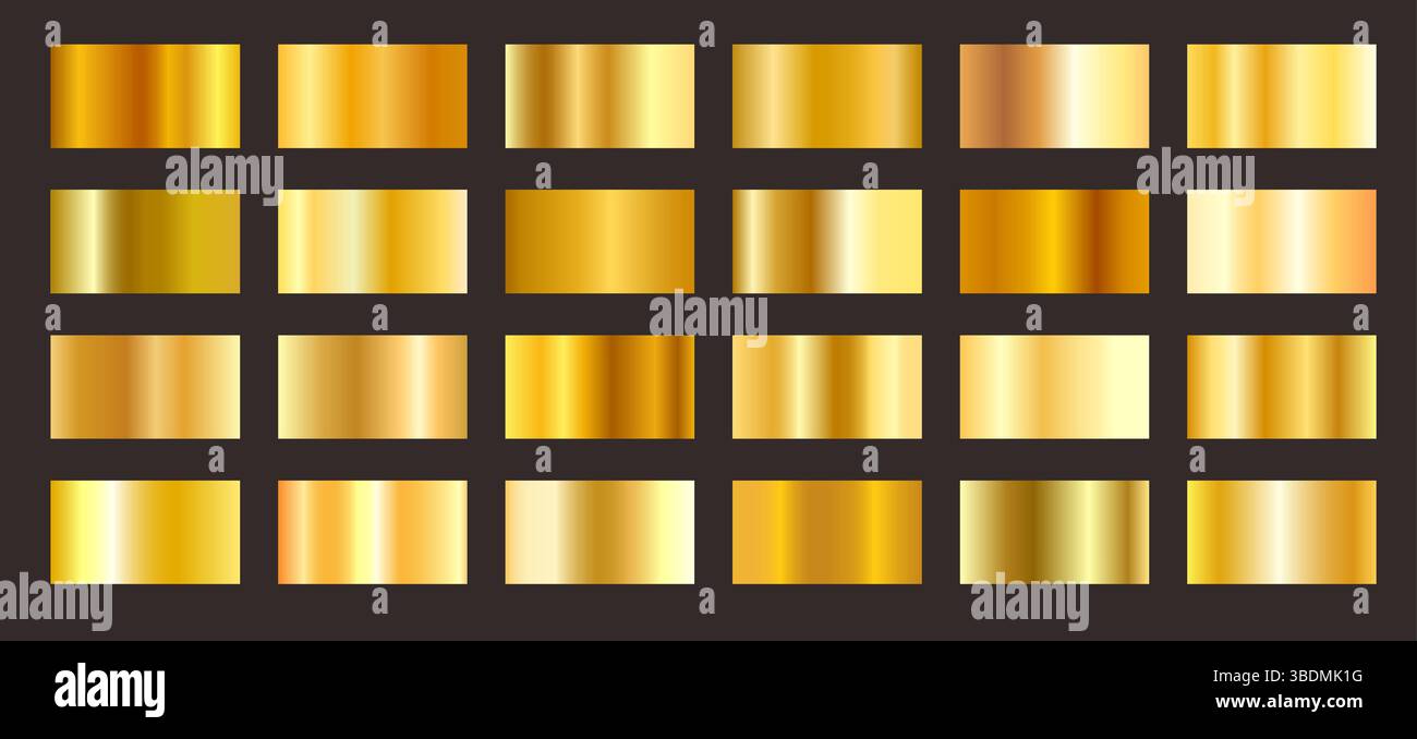 Gradients dorés. Effet dégradé brillant métallique doré, cadres métalliques jaunes. Texture dorée ou bronze pour les bannières brillantes et les étiquettes haut de gamme. Vecteur Illustration de Vecteur