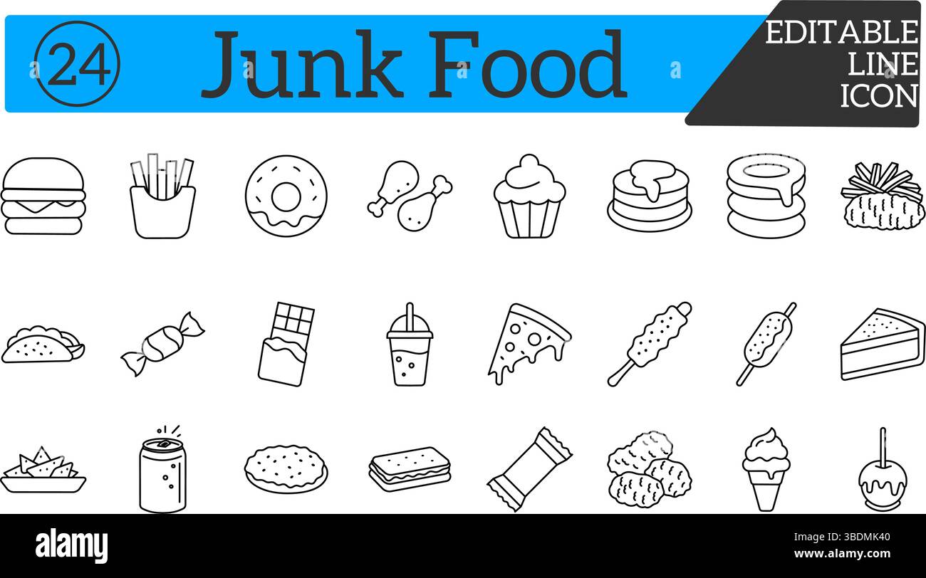 Pack d'icônes Fast Food et Snack Line – illustrations vectorielles des articles et friandises populaires de restauration rapide dans un style épuré. Illustration de Vecteur