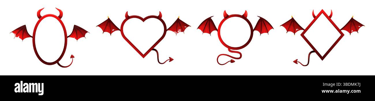 Cadres diables d'Halloween. Cadre photo démon avec ailes rouges, queue et cornes. Losange, cercle et ovale, bordures en forme de coeur. Symbole maléfique pour Halloween Illustration de Vecteur
