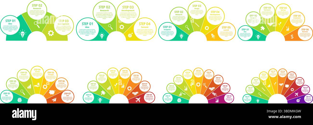 Modèles d'infographie pour fans. Diagramme en demi-cercle, diagramme de queue de paon. Infographies en demi-cercle couleur avec processus de démarrage d'entreprise en plusieurs étapes Illustration de Vecteur