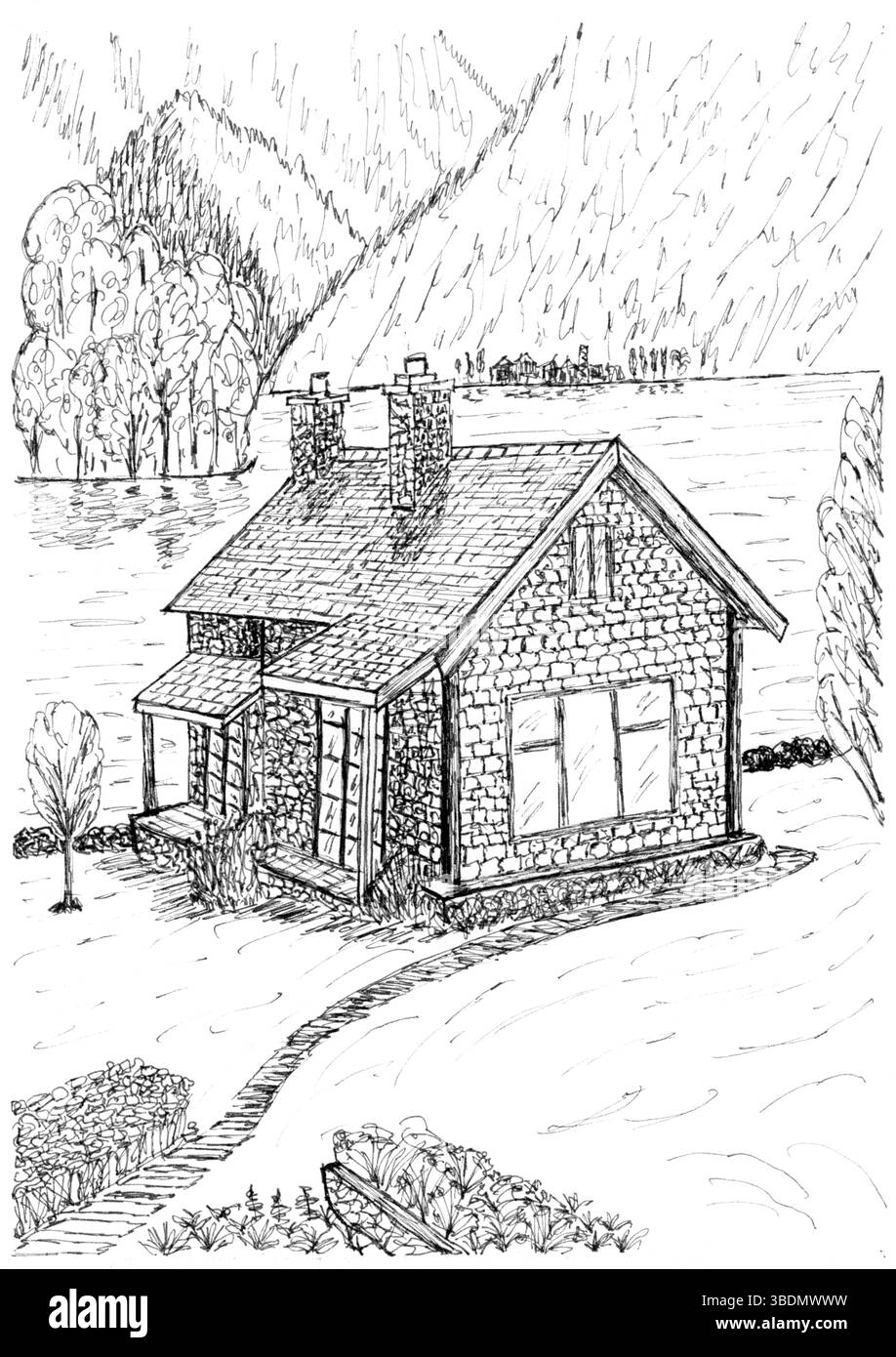 Un superbe croquis noir et blanc d'une cabane rustique au bord d'un lac tranquille, niché au milieu des montagnes et des arbres automnaux. Cette illustration dessinée à la main capt Banque D'Images