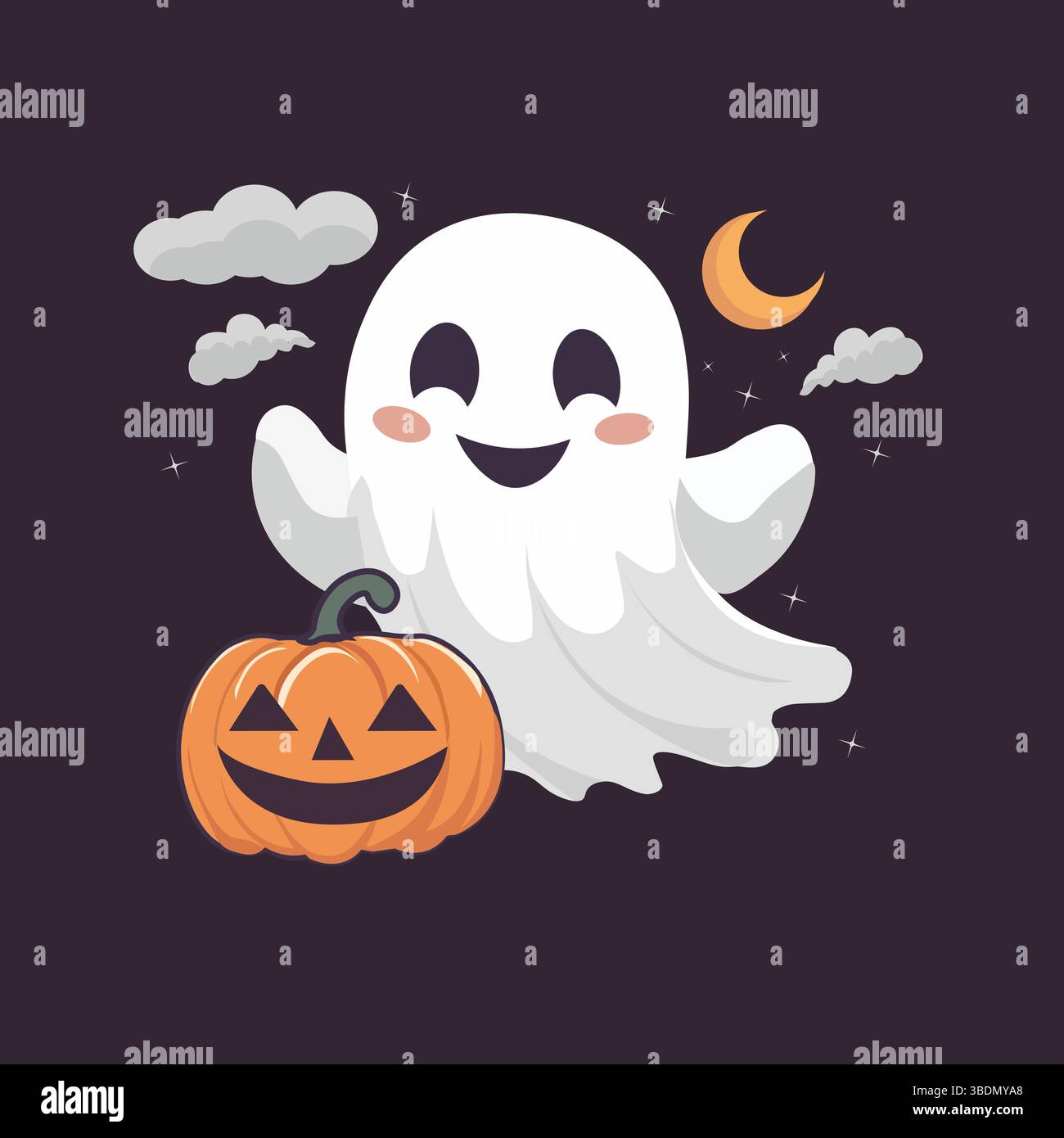 Mignon fantôme d'Halloween avec citrouille - adorable illustration vectorielle souriante sur fond noir Illustration de Vecteur
