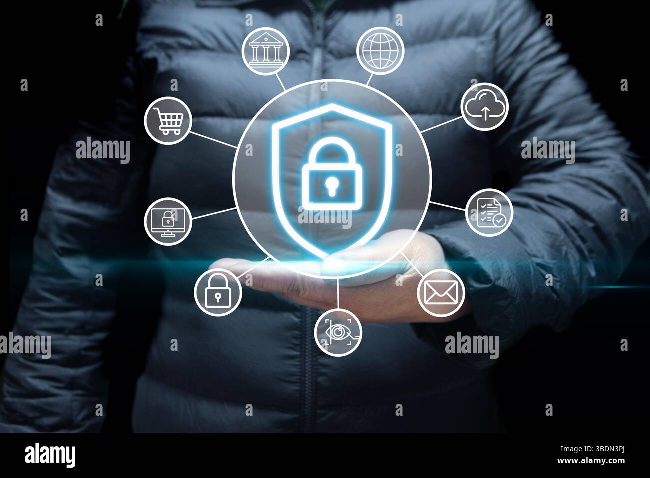 Concept de protection numérique du bouclier de cybersécurité. Cybersécurité représentant la sécurité numérique, avec des icônes pour la protection du cloud, empreinte digitale authentica Banque D'Images