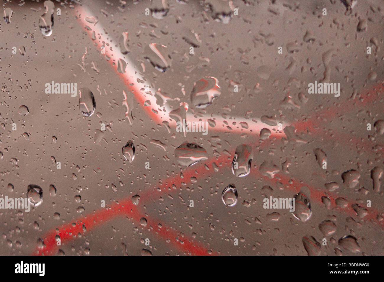 Gouttes de pluie transparentes accrochées à une surface de verre, créant un motif fascinant sur un fond flou de lignes rouges et blanches, évoquant un sens O. Banque D'Images