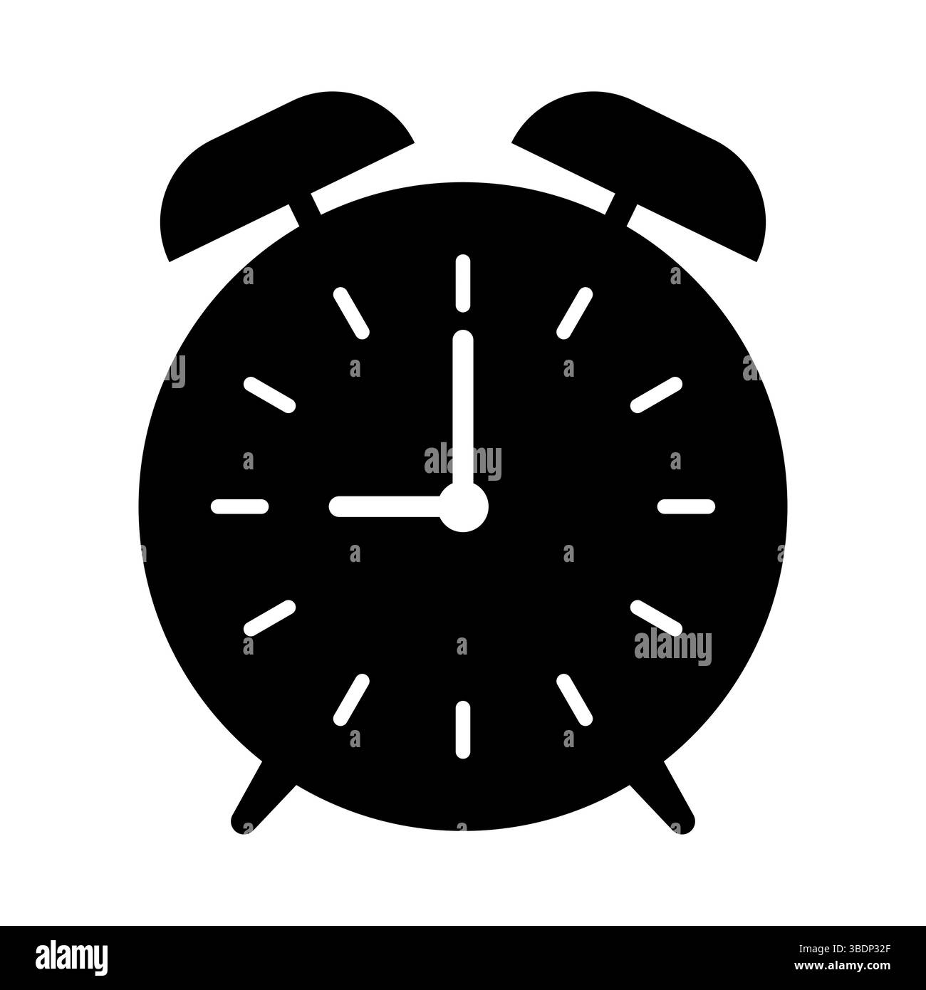 Illustration classique de silhouette de réveil. Le cadran de l'horloge comporte des aiguilles des heures et des minutes, de simples marquages des heures et deux cloches sur le dessus Illustration de Vecteur