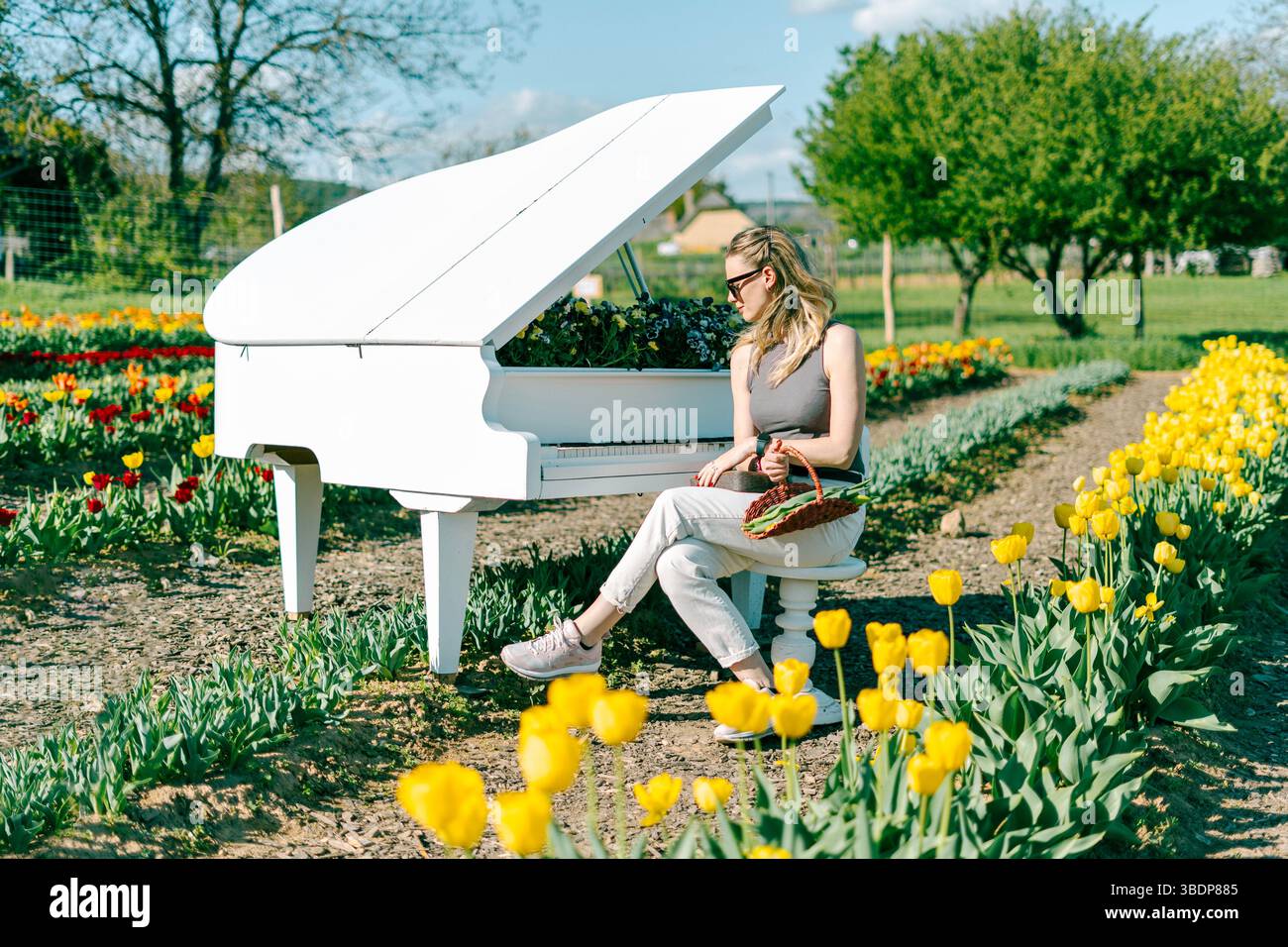 Femme blonde au piano blanc avec des tulipes jaune printemps en arrière-plan Banque D'Images