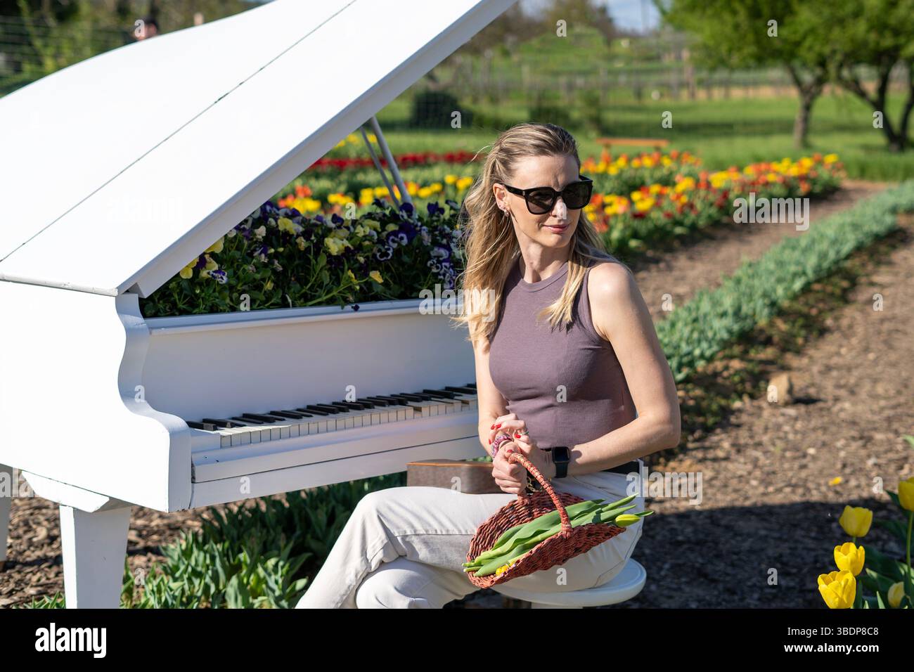 Femme blonde au piano blanc avec des tulipes jaune printemps en arrière-plan Banque D'Images