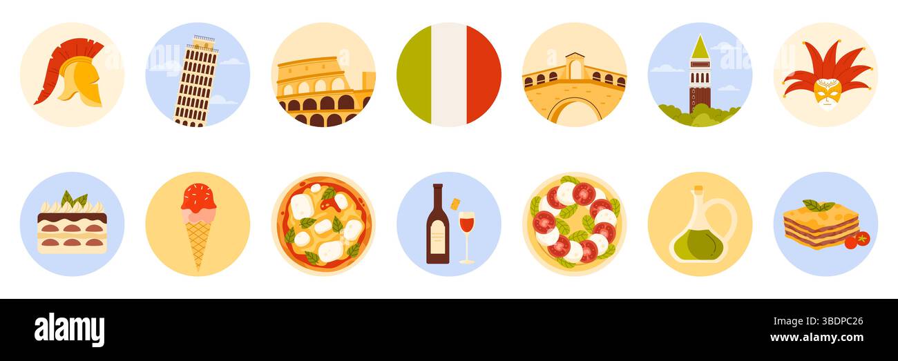 Voyagez en Italie ensemble d'autocollants ronds avec des éléments de la culture italienne, des monuments et de la nourriture. Tour penchée de Pise et Colisée, pizza et lasagne, tiramisu et illustration vectorielle de dessin animé à l'huile d'olive Illustration de Vecteur