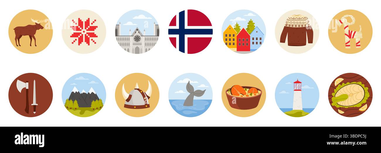 Voyagez en Norvège ensemble d'autocollants ronds avec des éléments de la culture norvégienne, des monuments et de la nourriture. Maisons de Bergen et phare dans le fjord, casque, hache et épée de dessin animé viking illustration vectorielle Illustration de Vecteur