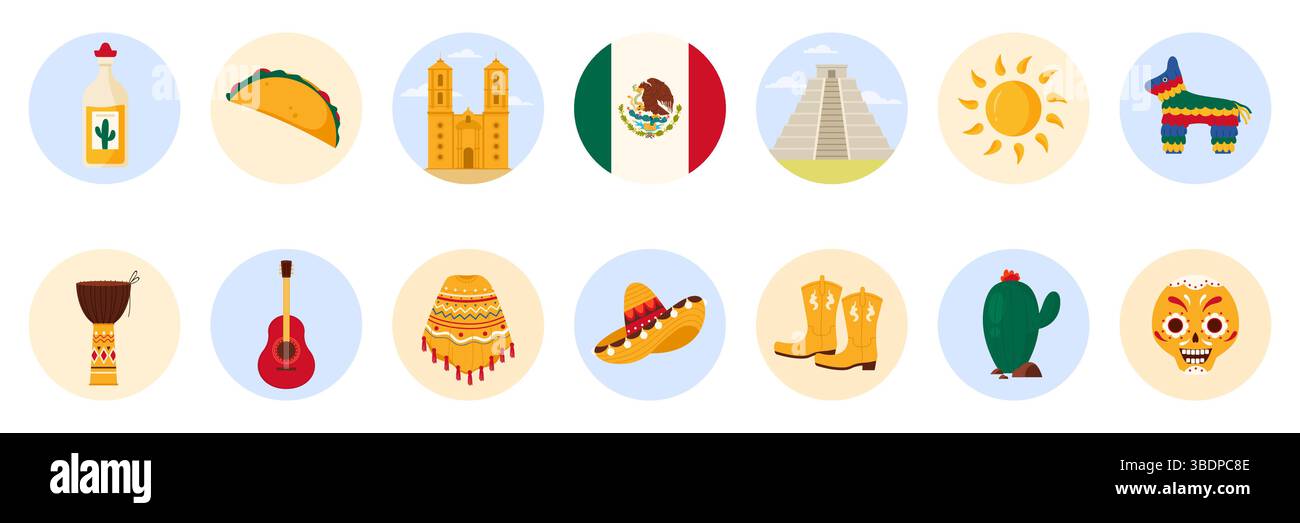 Voyagez au Mexique ensemble d'autocollants ronds avec des éléments de la culture mexicaine, des monuments et de la nourriture. Chichen Itza Pyramide et taco, sombrero et guitare de guitariste mariachi, illustration vectorielle de dessin animé tequila Illustration de Vecteur