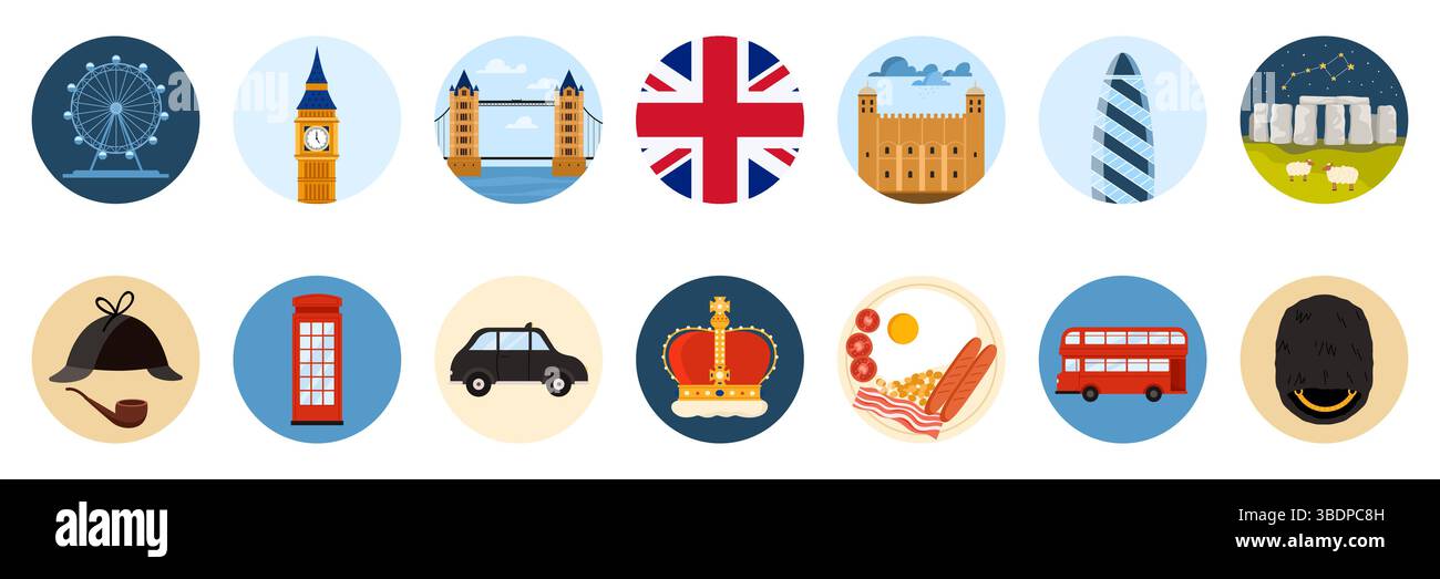 Voyage en Angleterre, Royaume-Uni ensemble d'autocollants ronds avec des éléments de culture, des monuments et de la nourriture. Tour et cabine téléphonique rouge, peau d'ours et Stonehenge, illustration vectorielle de dessin animé de petit déjeuner anglais Illustration de Vecteur
