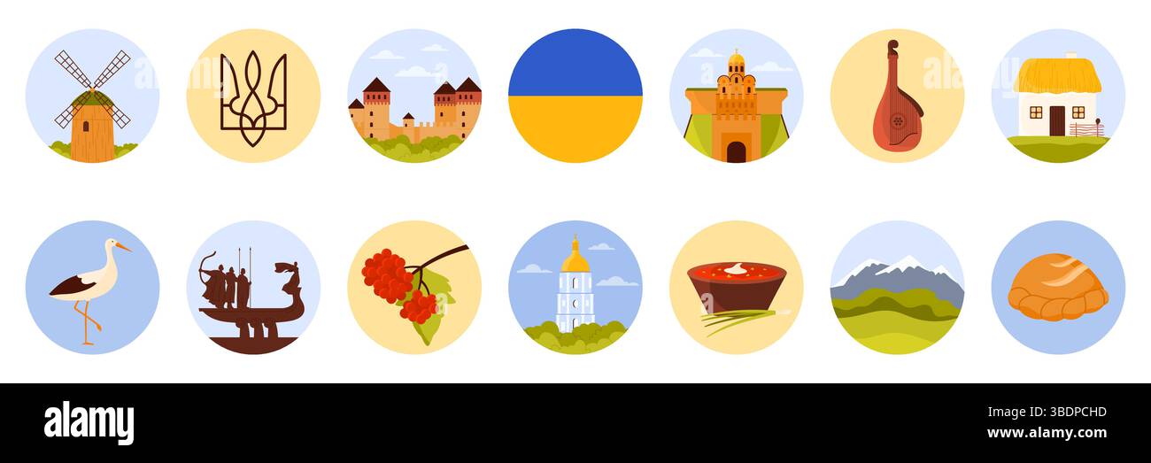 Voyagez en Ukraine ensemble d'autocollants ronds avec des éléments de la culture ukrainienne, le point de repère et la nourriture. Paysage et église des montagnes des Carpates, borscht et palyanitsa, illustration vectorielle de dessin animé de maison de campagne Illustration de Vecteur